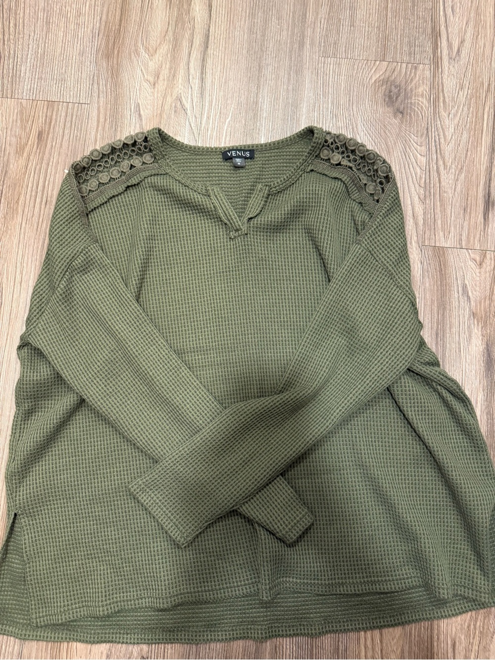 VENUS Olive Green Waffle Knit Pullover Top